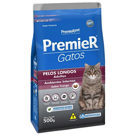 Ração Premier Gatos Adultos Pelo Longo Ambientes Internos Frango